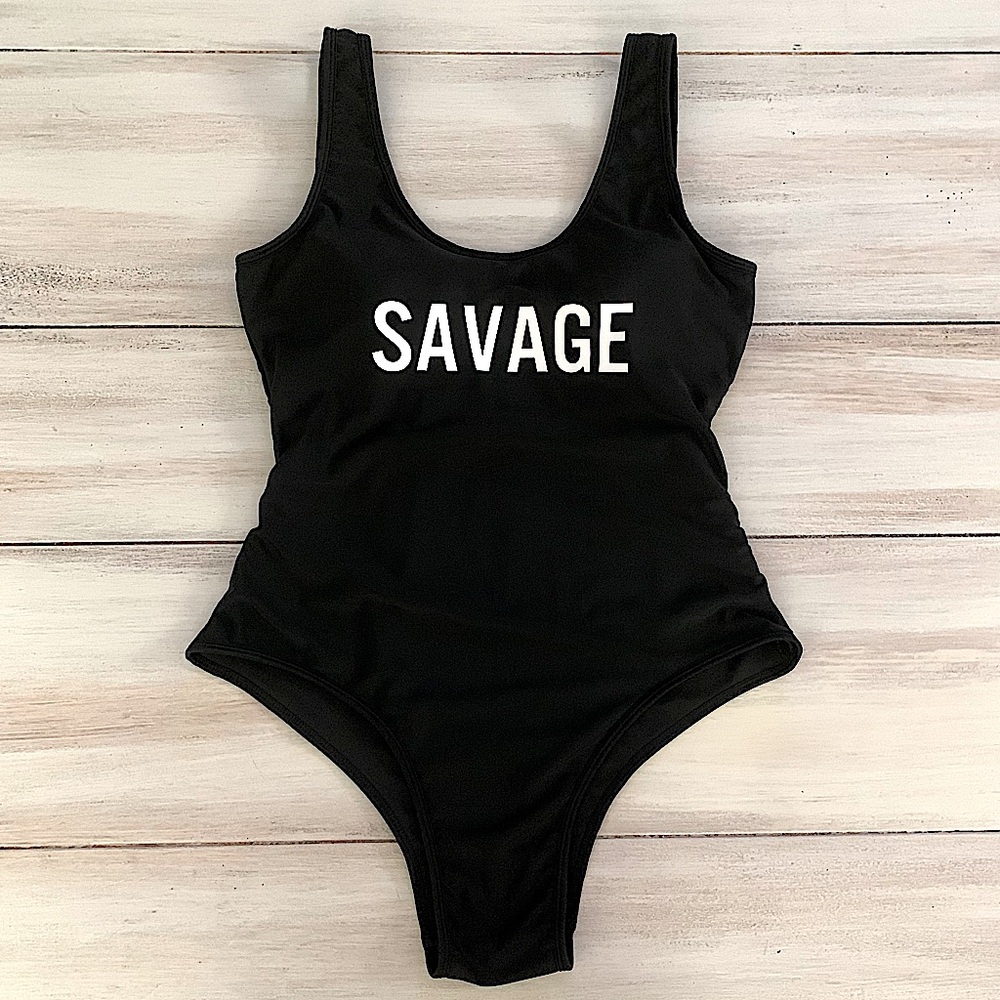 LIKE NEW! SAVAGE Black Swimsuit High Cut Cheeky Swimwear Padded Women’s Medium